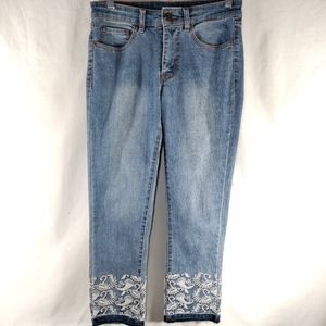 Tribal Skinny Jeans Womens Sz 2 Mid Rise Med Blue Embroidered Detail Raw Hem